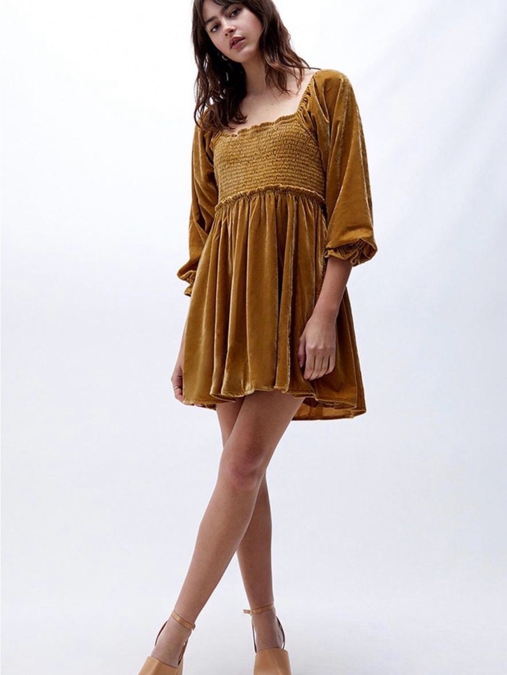 Free People Smocked Velvet Mini Dress in Mustard Small